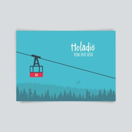 Illustration einer Seilbahn mit rotem Wagen und blauer Hintergrundlandschaft.