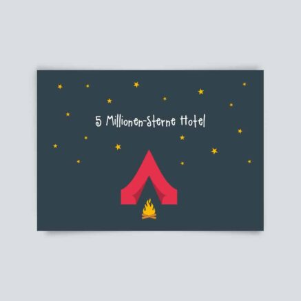 Grafik eines Zeltes mit Feuer und Sternen im Hintergrund, beschriftet mit '5 Millionen-Sterne Hotel'.