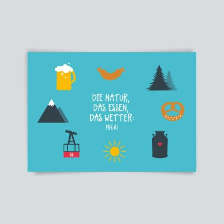 Grafik mit verschiedenen Symbolen wie Bier, Wurst, Bergen und Sonne auf blauem Hintergrund.