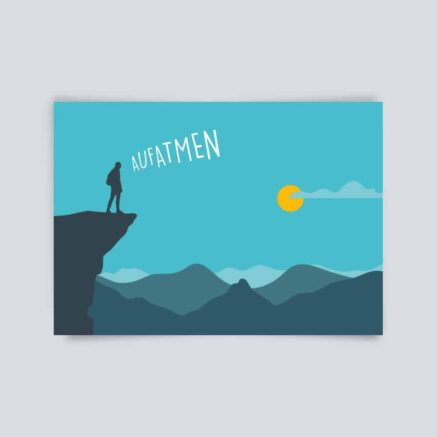 Illustration einer Person, die auf einem Felsen steht und auf einen Sonnenaufgang blickt.