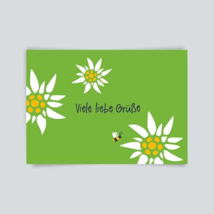 Grüne Grußkarte mit weißen Blumen und einer Biene, die den Text 'Viele liebe Grüße' enthält.