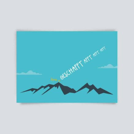 Grafik mit dem Wort 'Geschafft' in großer Schrift über einer stilisierten Berglandschaft.