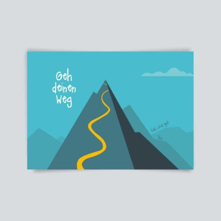 Illustration eines Berges mit einem gelben Weg, der zur Spitze führt, auf blauem Hintergrund.