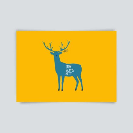 Grafik eines blauen Hirsches mit dem Text 'Hirsch's nett' auf gelbem Hintergrund.