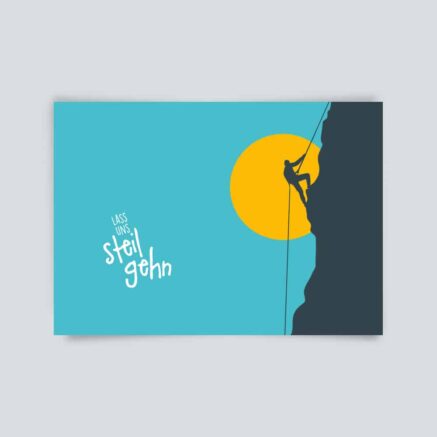 Illustration eines Kletterers, der an einer Felswand mit einer gelben Sonne im Hintergrund klettert.