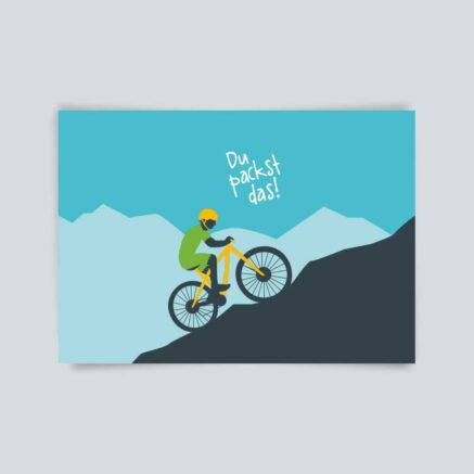 Illustration eines Radfahrers, der einen Berg mit einem gelben Fahrrad erklimmt, mit dem Text 'Du packst das!' im Hintergrund.