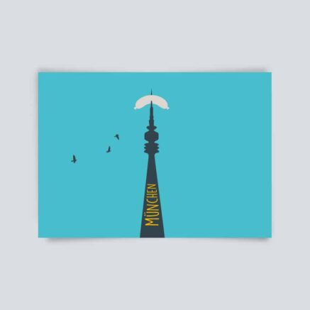 Illustration des Fernsehturms in München mit blauem Hintergrund und Vögeln im Flug.