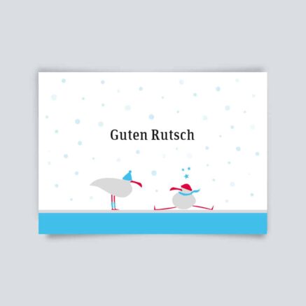 Illustration einer Karte mit zwei Vögeln und einem Schneemann auf weißem Hintergrund mit blauen Akzenten.