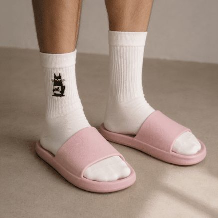 Getragene weiße NÖ Socken mit gestickter schwarzer NÖ Katze, kombiniert mit rosa Pantoletten. Die Stickerei sitzt gut sichtbar außen am Knöchel.